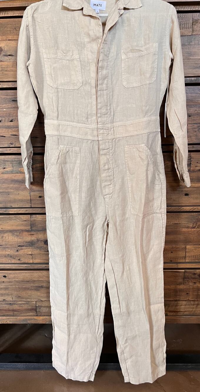 MATE THE LABEL 100% Linen Long Sleeve Natural Color Jumpsuit Size Small NWT